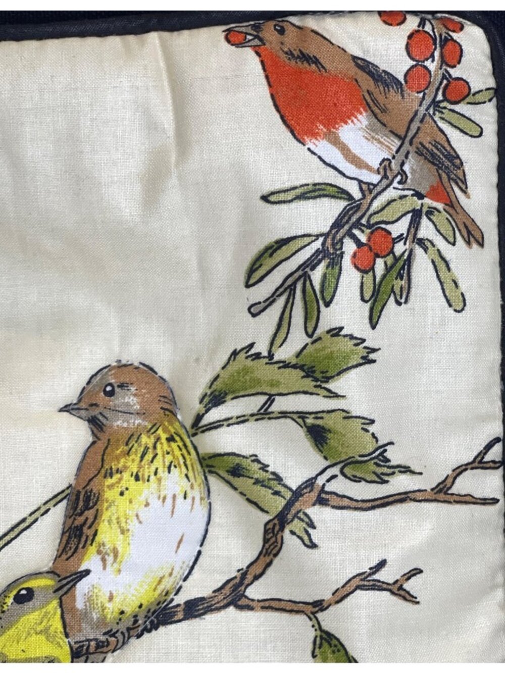 Tote Bag Quilted Fabric Purse Bird Berry Lined Black Round Handle Pocket Handbag - Picture 8 of 12